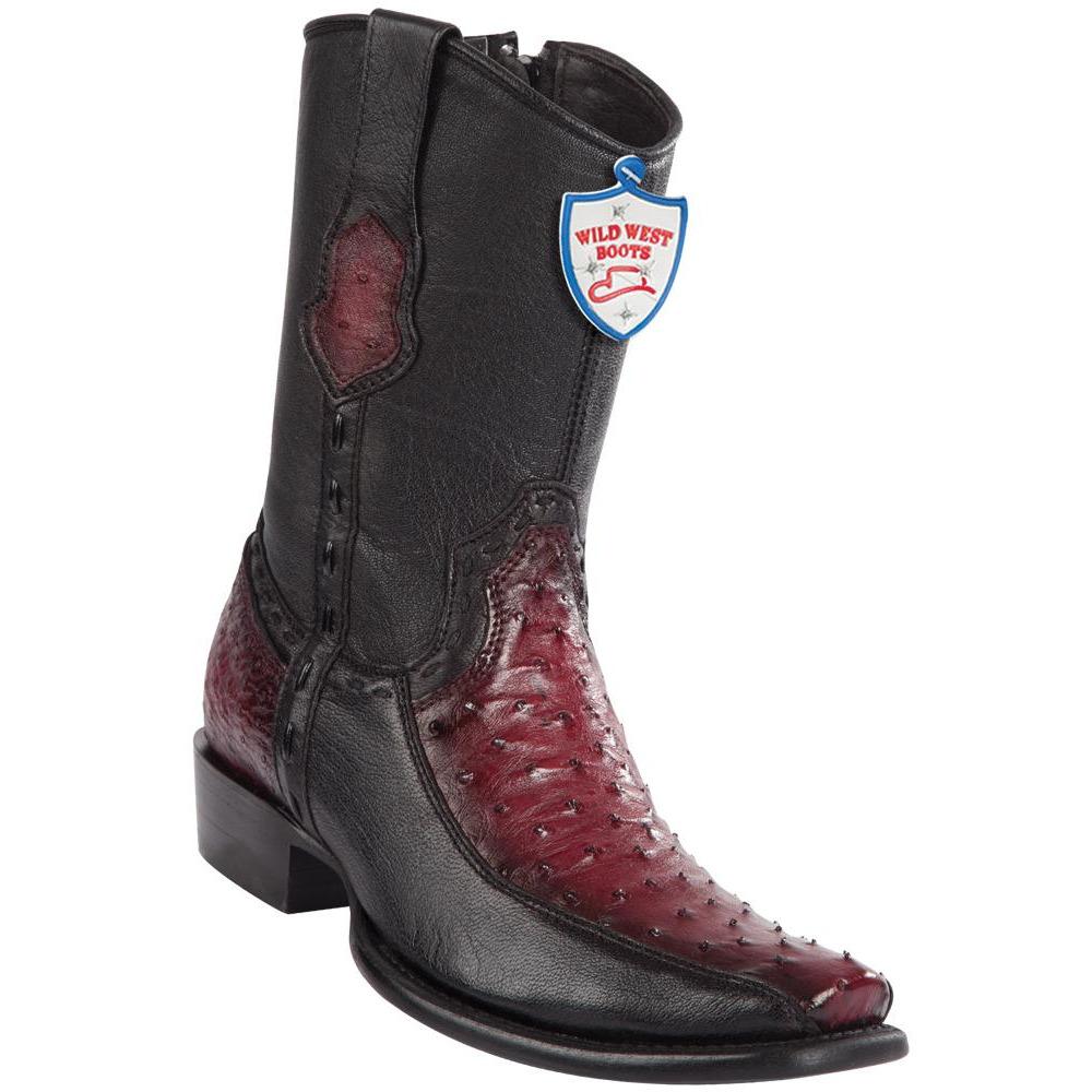 Wild West Boots Mens Genuine Leather Ostrich and Deer Dubai Toe Short Boots Color Faded Burgundy