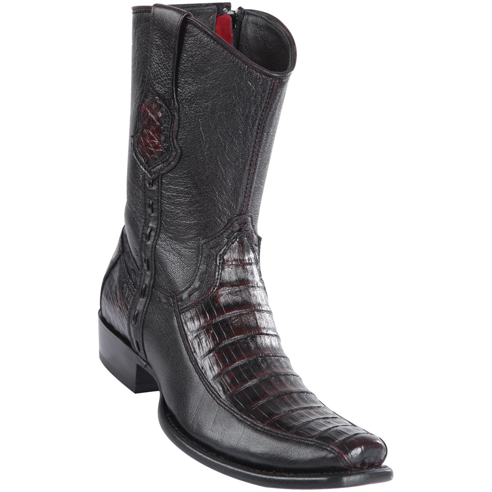 Wild West Boots Mens Genuine Leather Caiman Belly and Deer Dubai Toe Short Boots Color Black Cherry