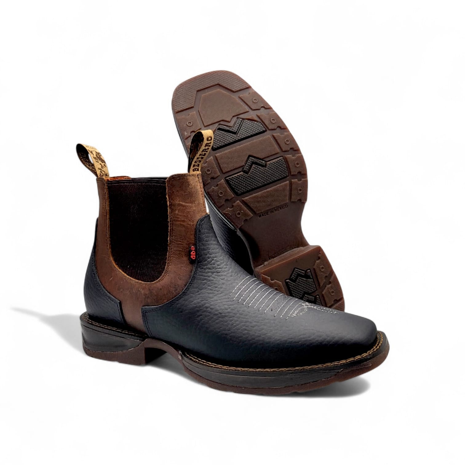 Mens Square Toe Botin Black-Honey – Genuine Leather Rubber Sole Western Boot 8045