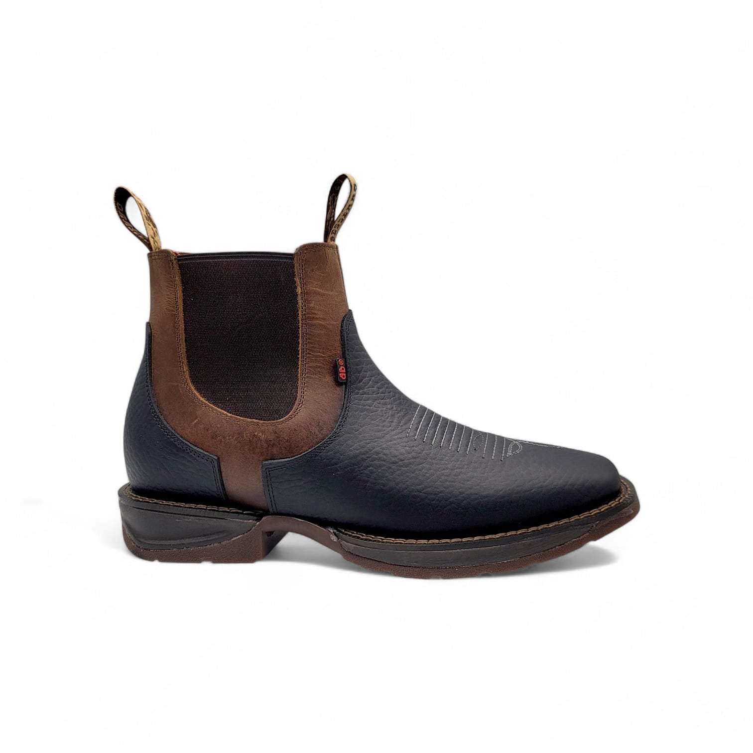 Mens Square Toe Botin Black-Honey – Genuine Leather Rubber Sole Western Boot 8045