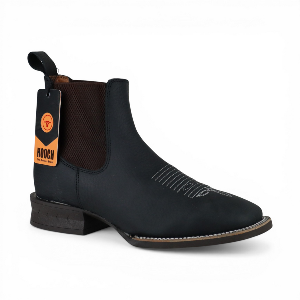 Mens Wide Square Toe Botin Black – Lightweight Rubber Sole Leather Boot H42A0527