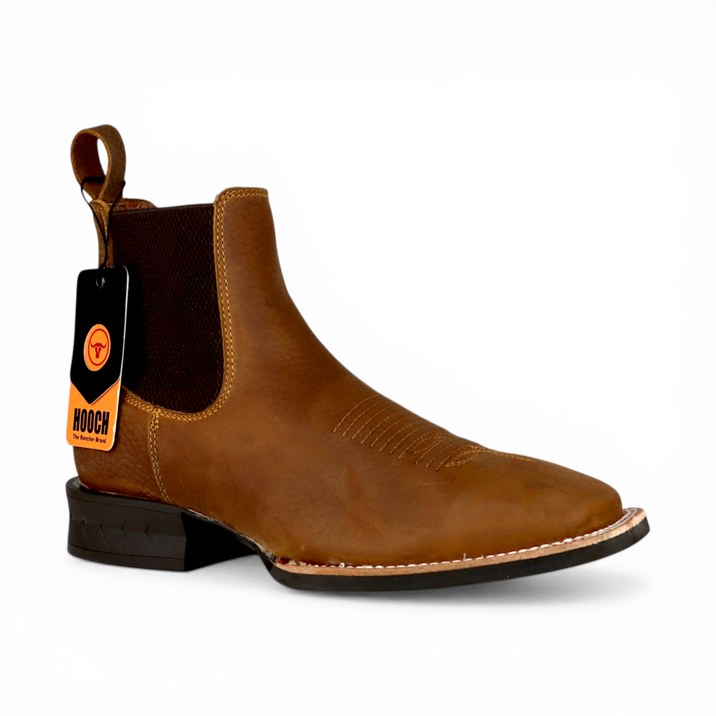 Mens Wide Square Toe Botin Tan – Genuine Leather Western Boot H42A3127