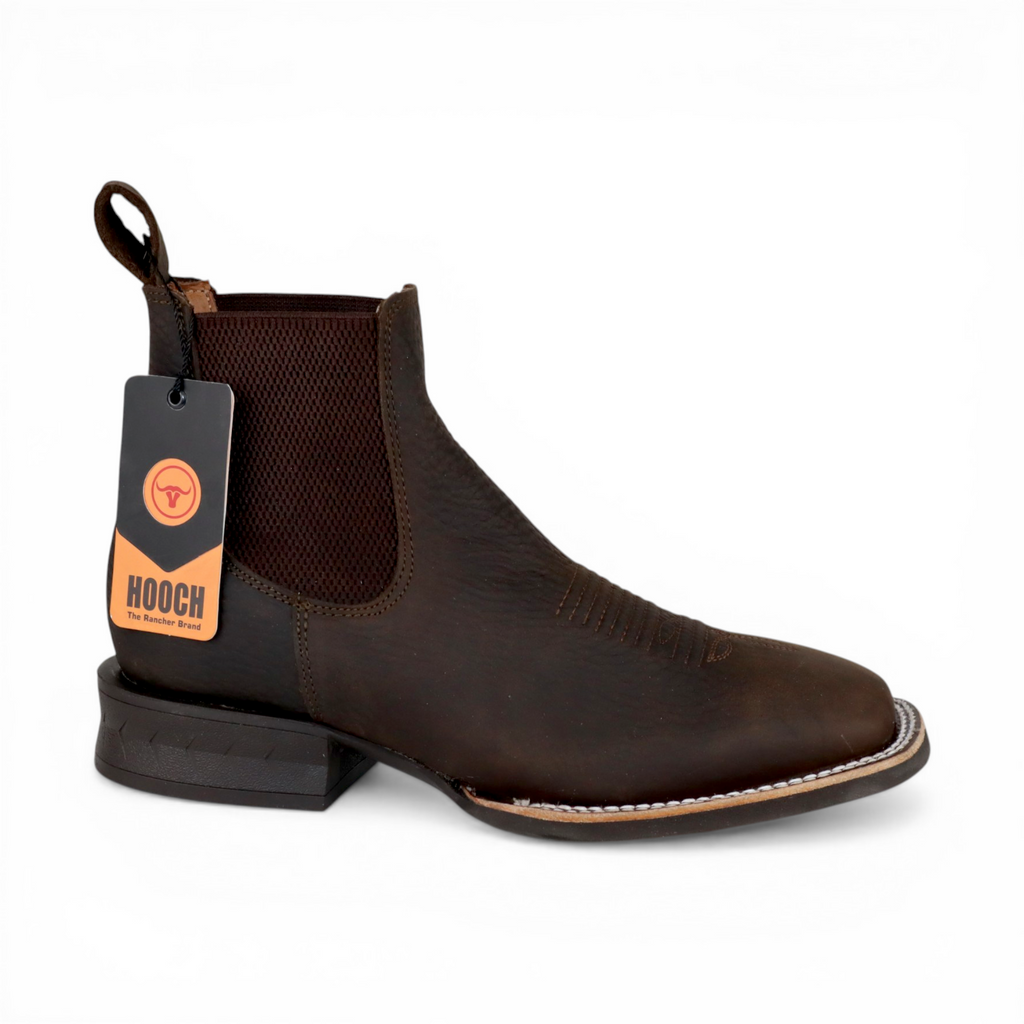 Mens Wide Square Toe Botin Chocolate – Genuine Leather Western Boot H42A9427