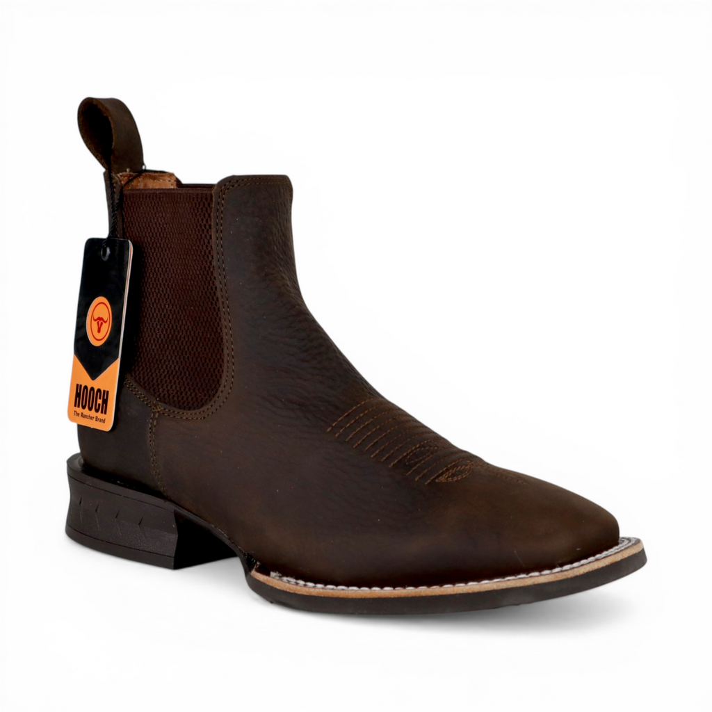 Mens Wide Square Toe Botin Chocolate – Genuine Leather Western Boot H42A9427