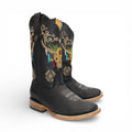 Womens Wide Square Toe Western Boot Black – Skull Embroidery H60305