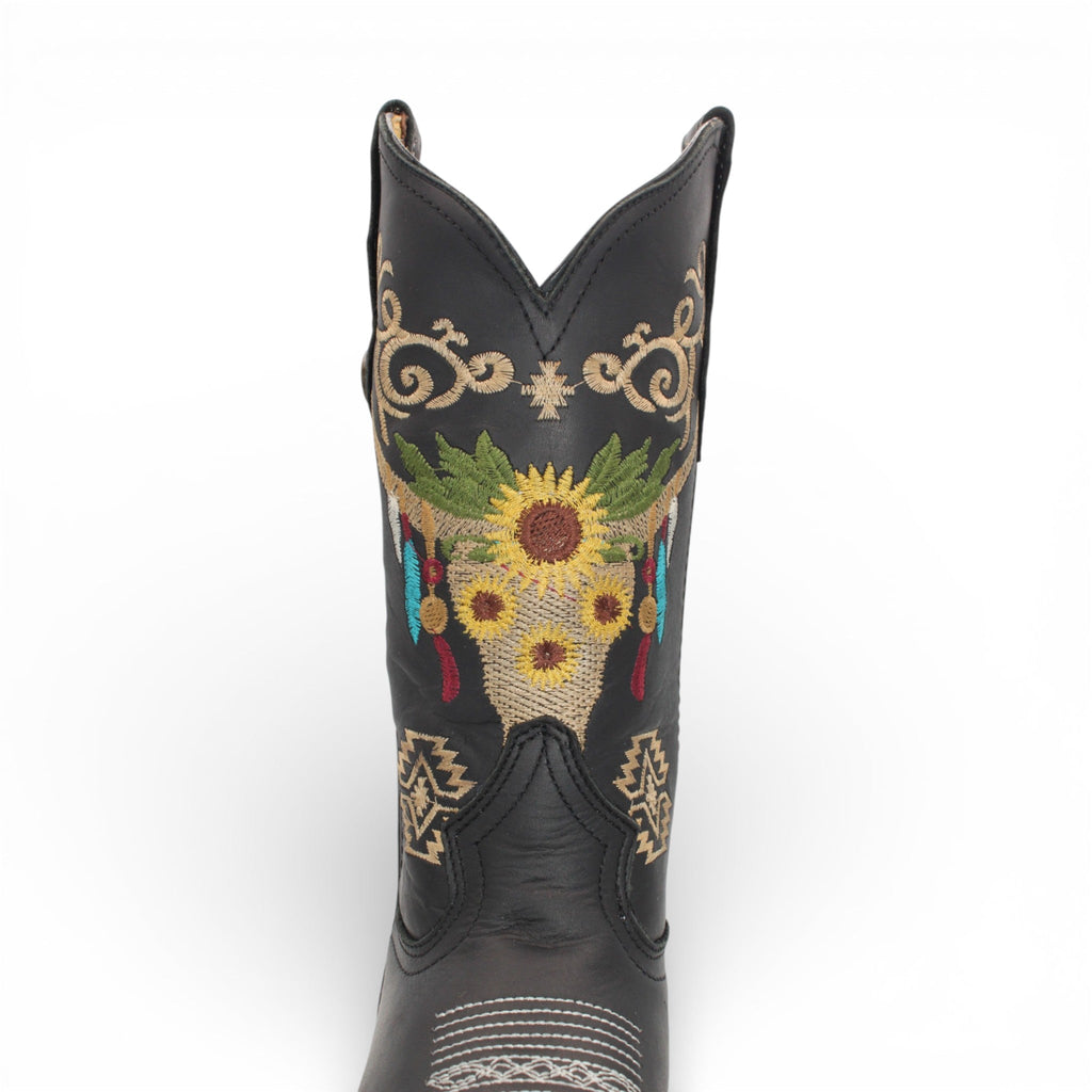 Womens Wide Square Toe Western Boot Black – Skull Embroidery H60305