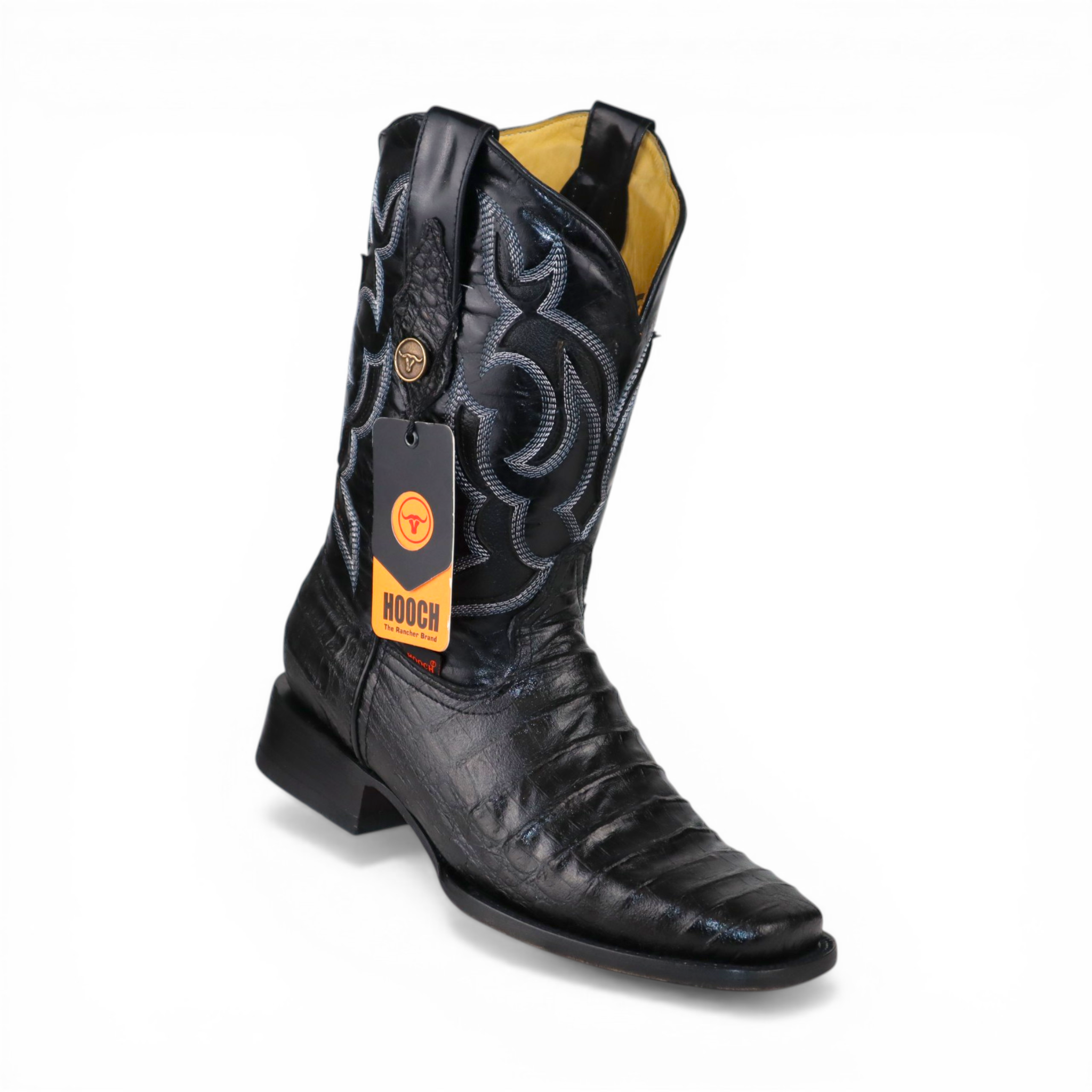 Mens Caiman Belly Print Boot Black – Square Toe Genuine Leather H510573