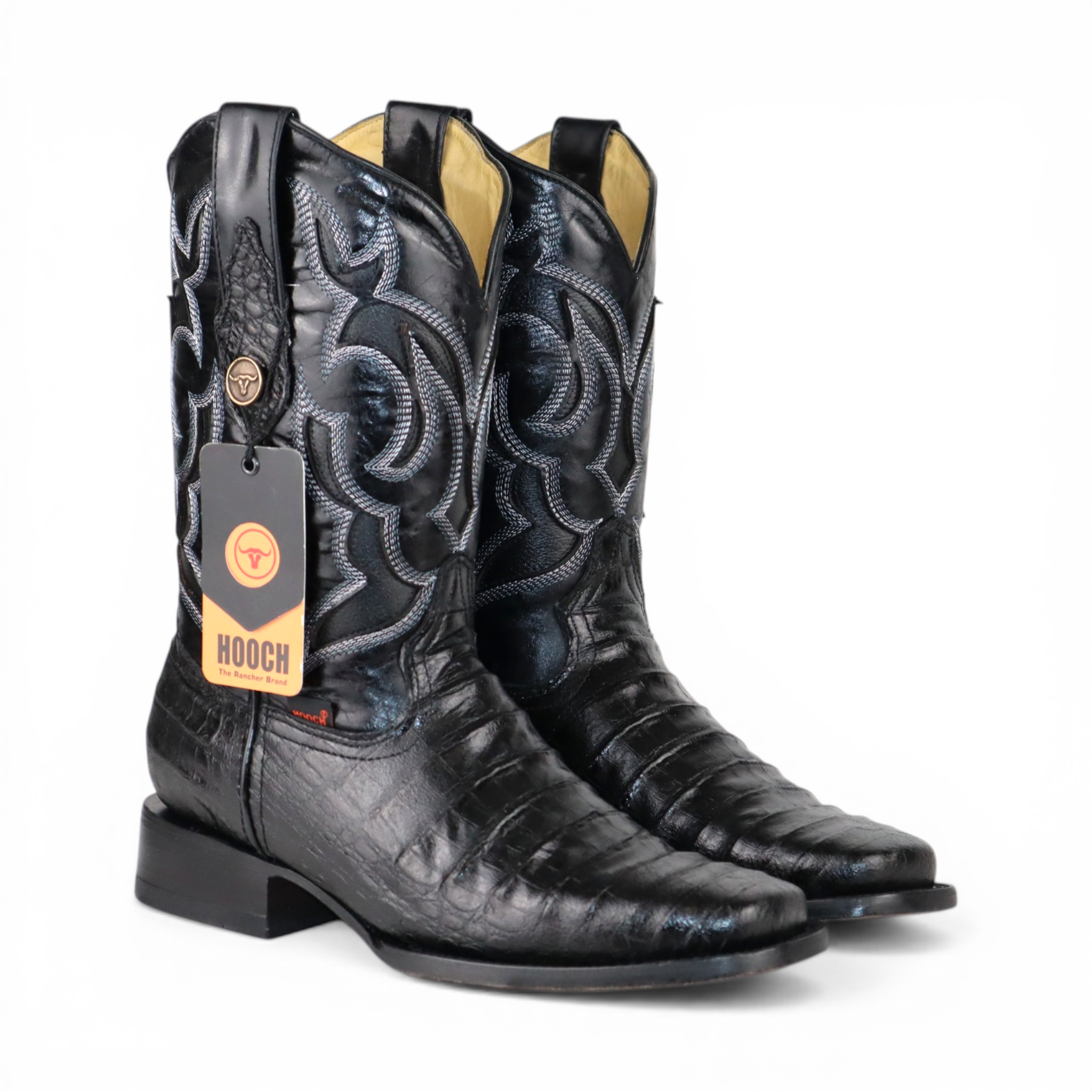 Mens Caiman Belly Print Boot Black – Square Toe Genuine Leather H510573