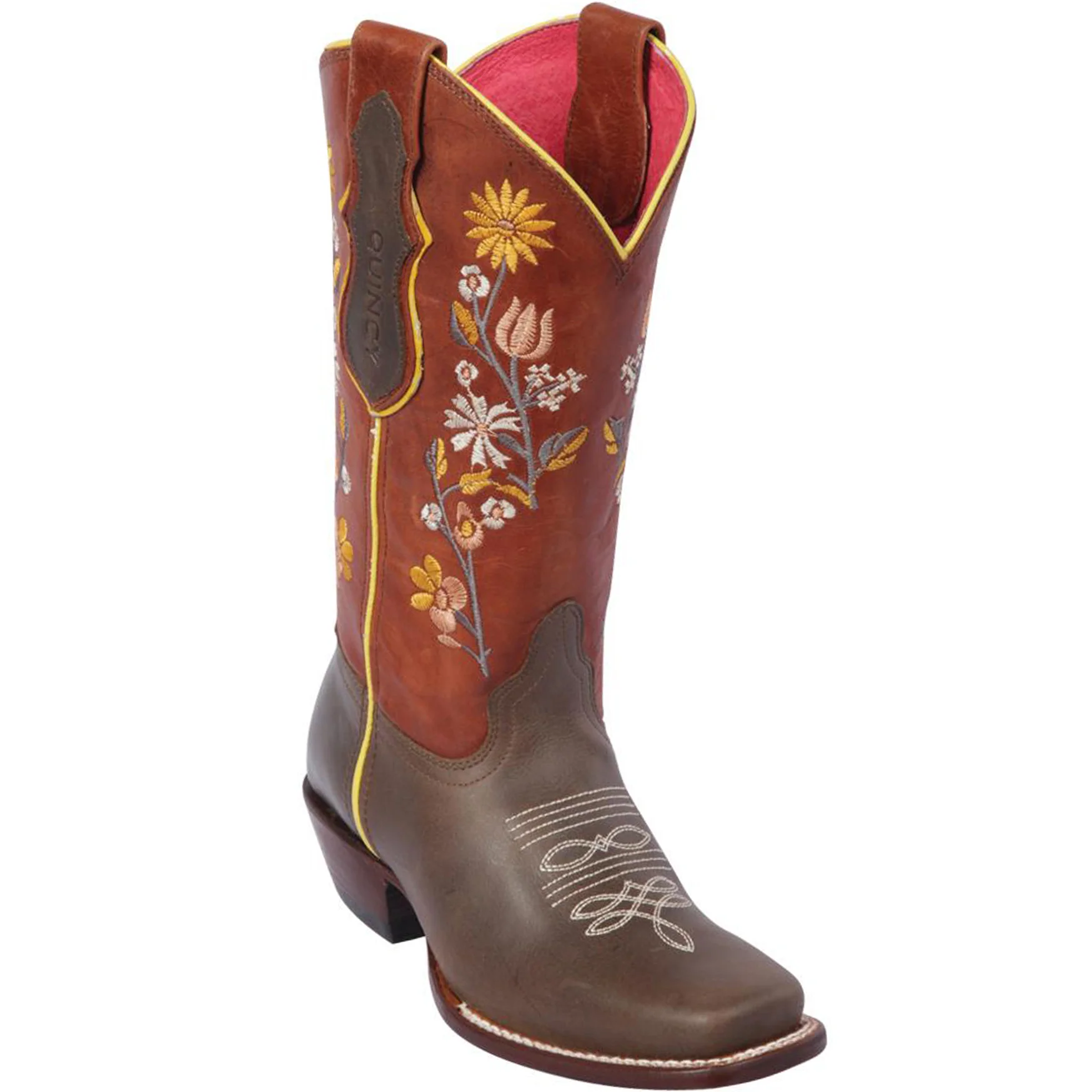 Flowered Cowgirl Boots - Brown Square Toe
