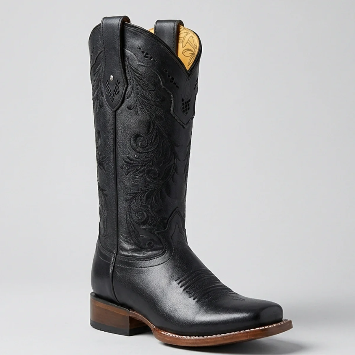 Quincy Black Floral Embroidered Cowgirl Boots Square Toe