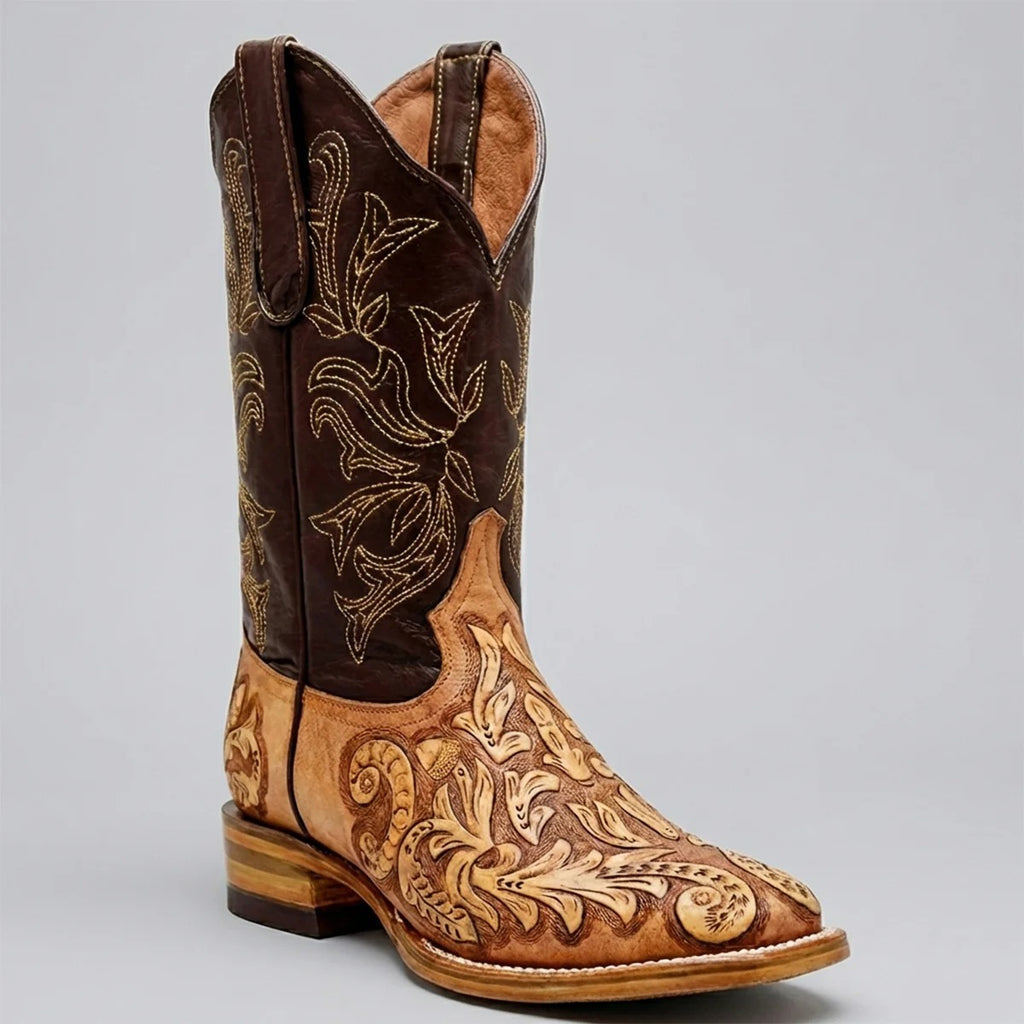 Men's Natural Hand-Tooled Western Boots Square Toe