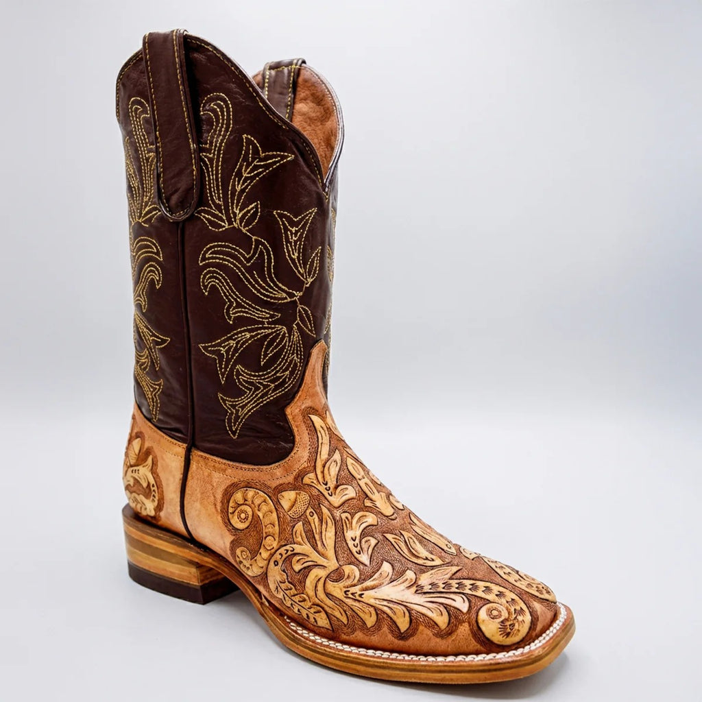 Men's Natural Hand-Tooled Western Boots Square Toe