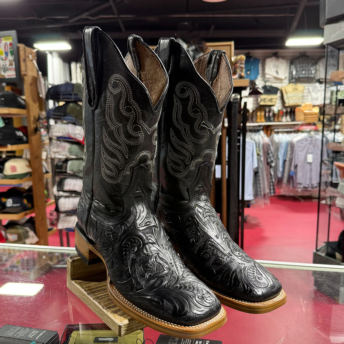 Men's Black Hand-Tooled Western Boots Square Toe