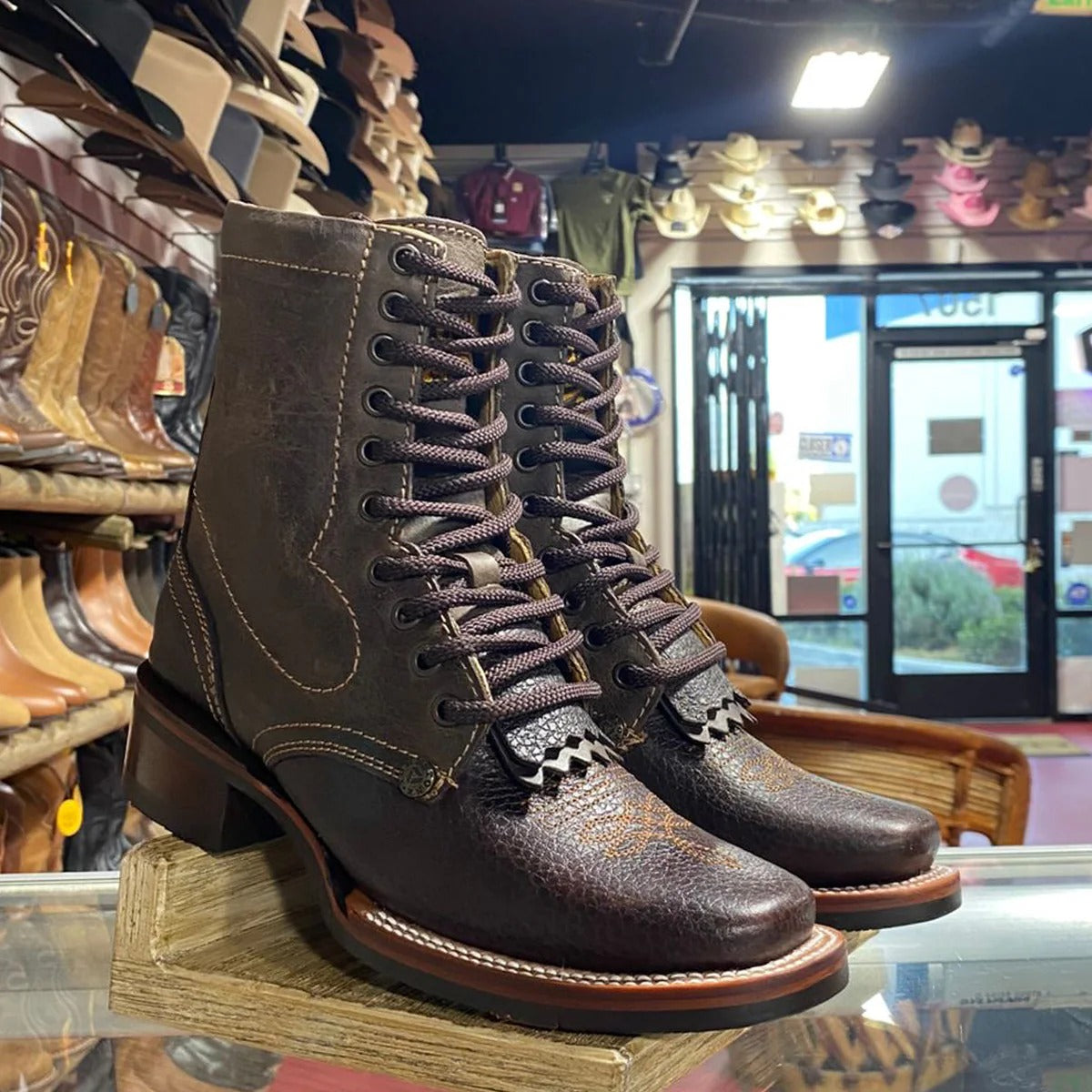 Lace Up Cowgirl Boots Square Toe