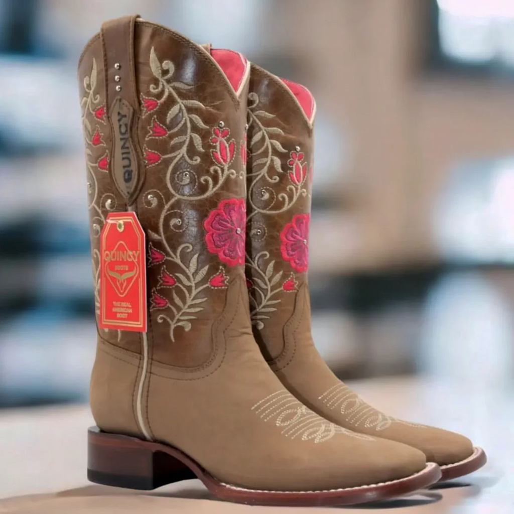 Tan Flowered Cowgirl Boots Square Toe