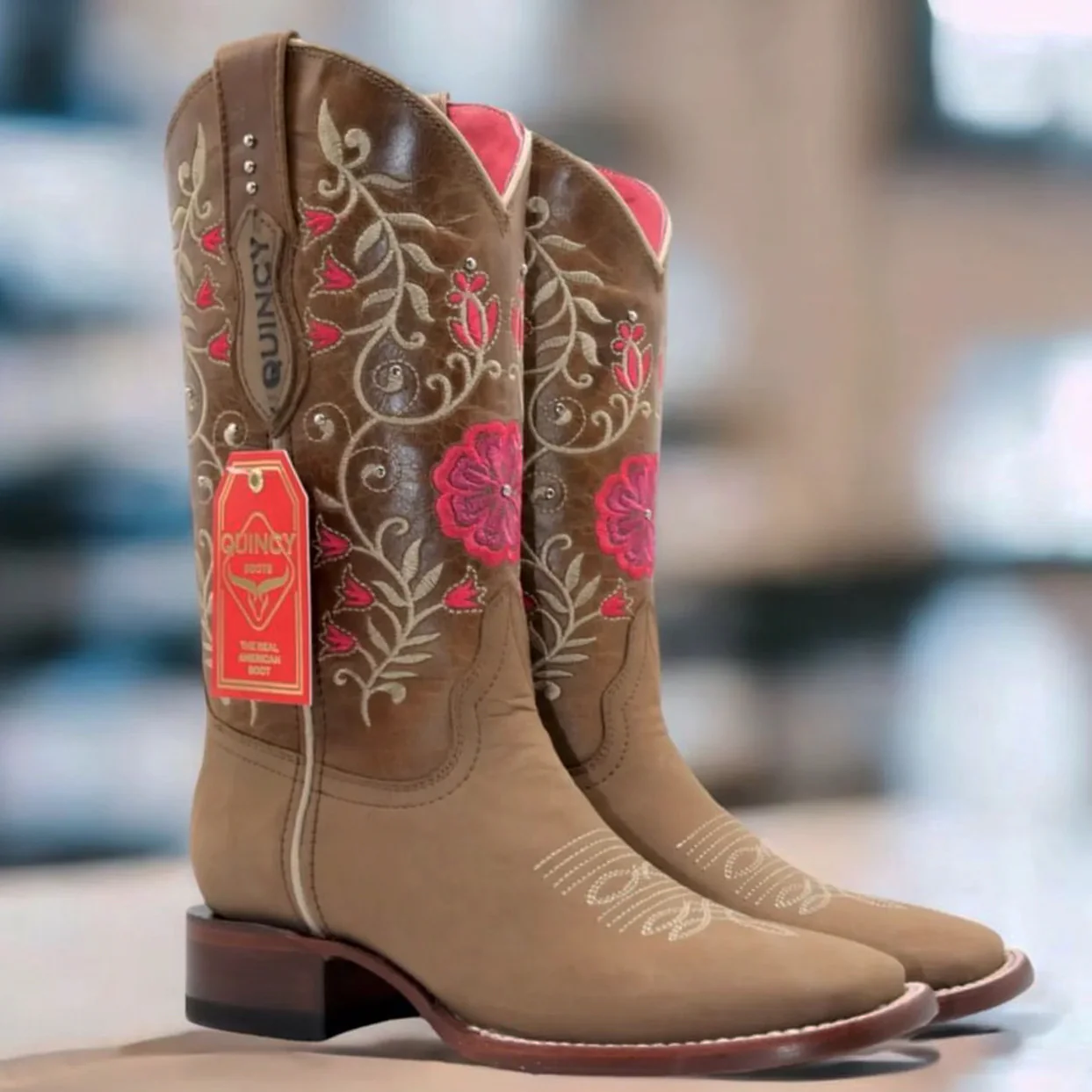 Tan Flowered Cowgirl Boots Square Toe