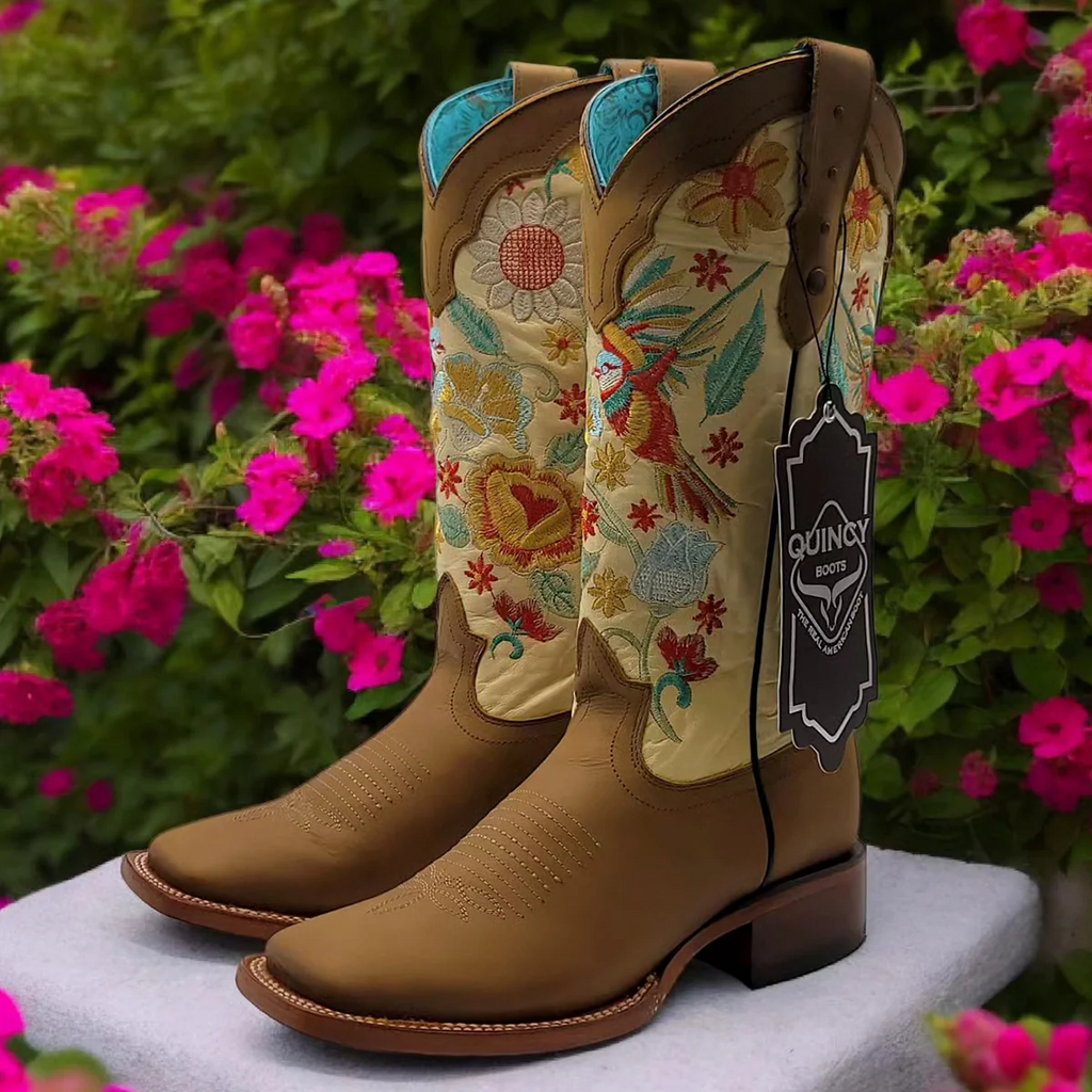 Hummingbird On Flowers Cowgirl Boots Square Toe