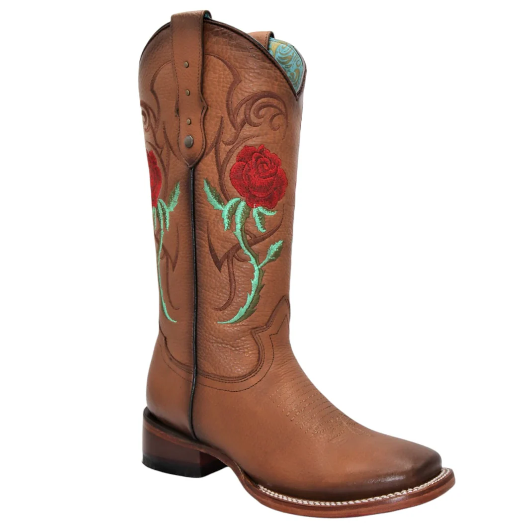 Cowgirl Boots With Red Roses Square Toe
