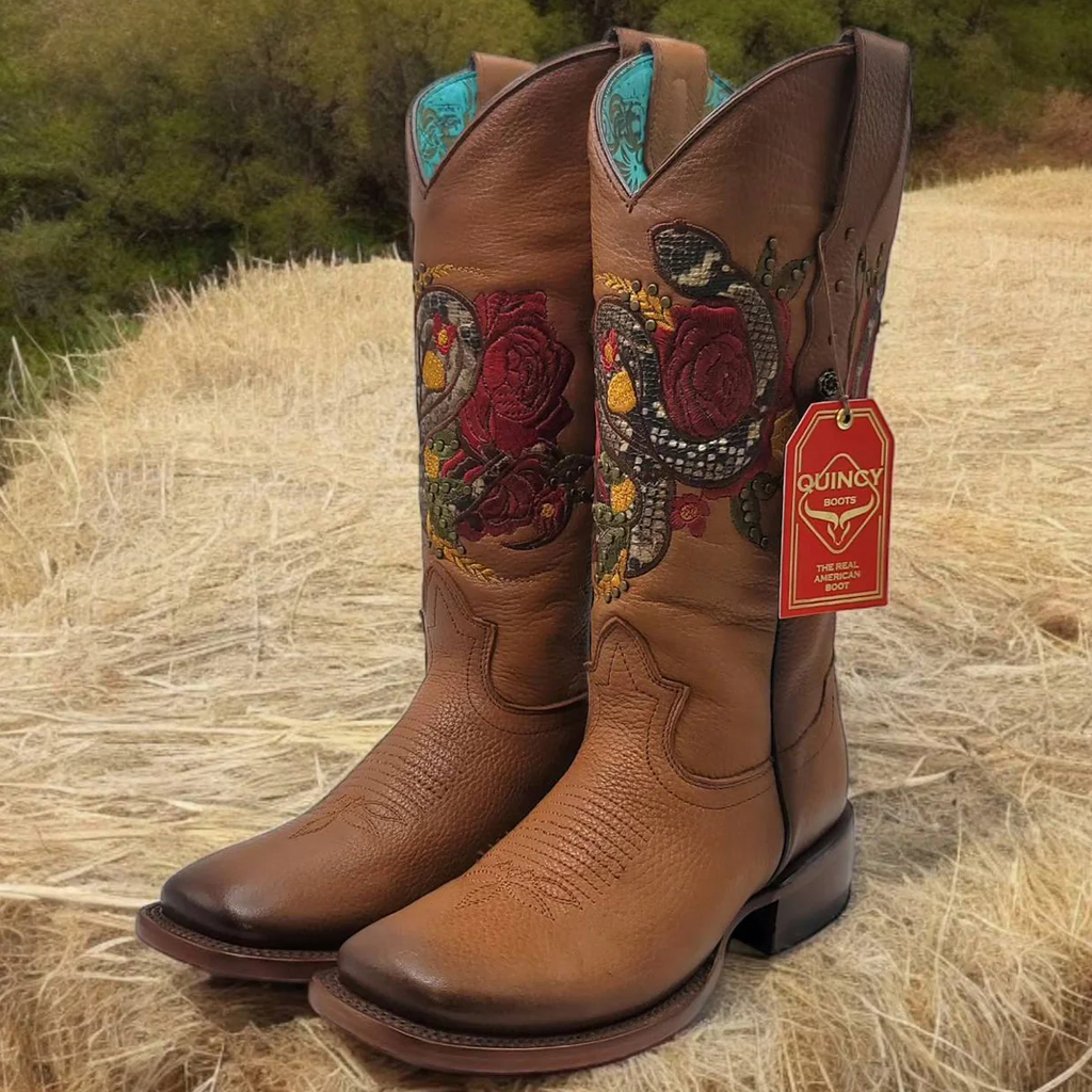 Snake On Red Rose Cowgirl Boots Square Toe