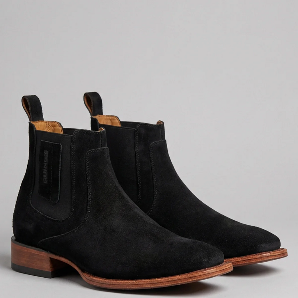 Men's Black Suede Chelsea Western Boots Square Toe