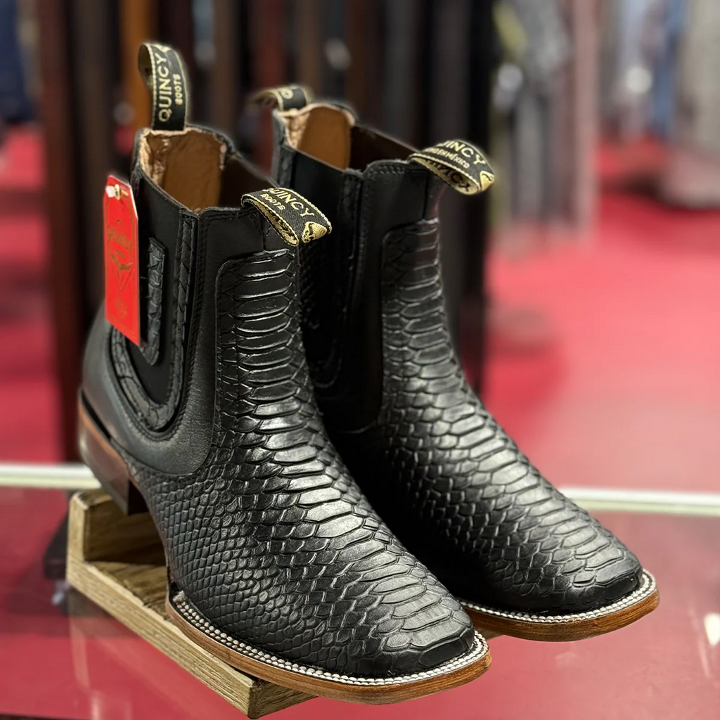 Men's Black Python Print Short Cowboy Boots Square Toe