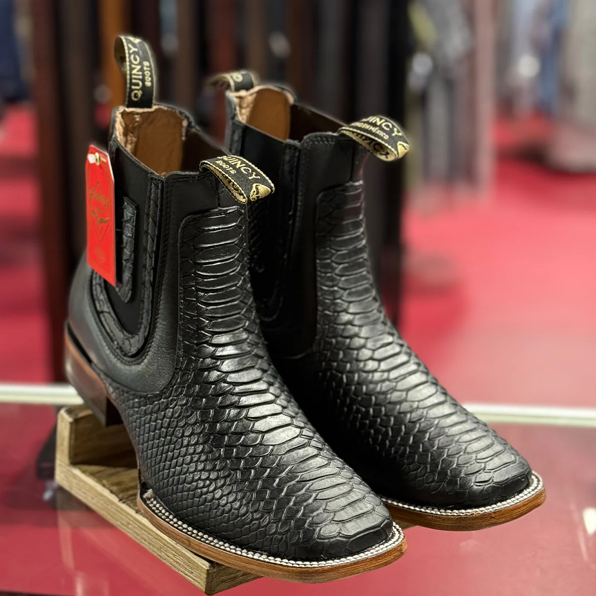 Men's Black Python Print Short Cowboy Boots Square Toe