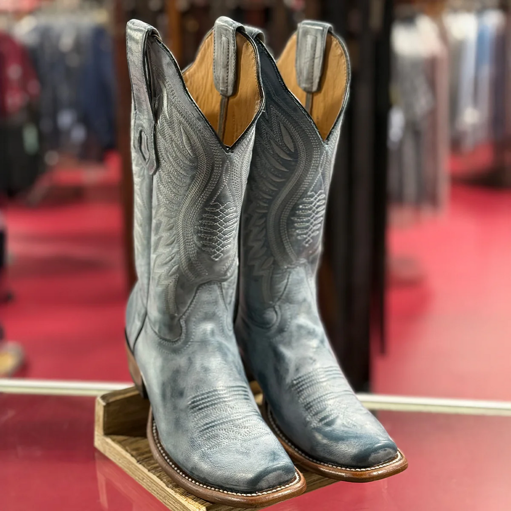 Vintage Blue Cowgirl Boots Semi Square Toe