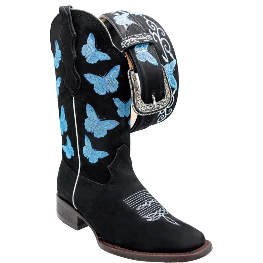 Blue Butterfly Cowgirl Boots Square Toe