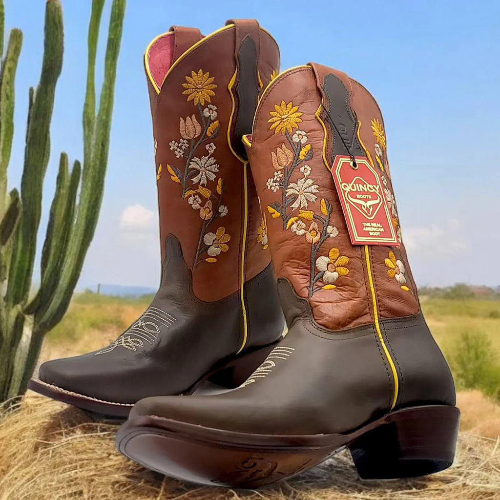 Flowered Cowgirl Boots - Brown Square Toe