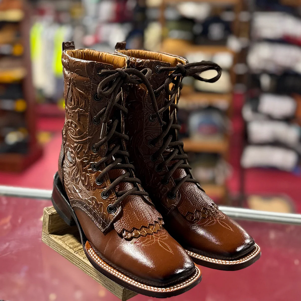 Lace Up Cowgirl Boots Tooled Print Square Toe