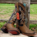 Flower Embroidered Boots Square Toe