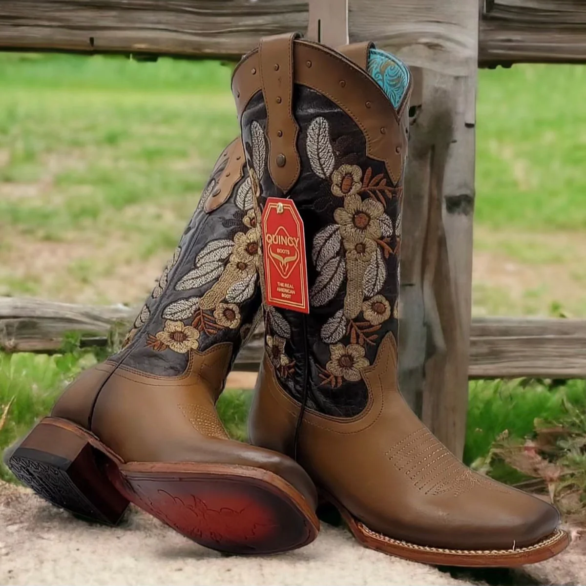 Flower Embroidered Boots Square Toe