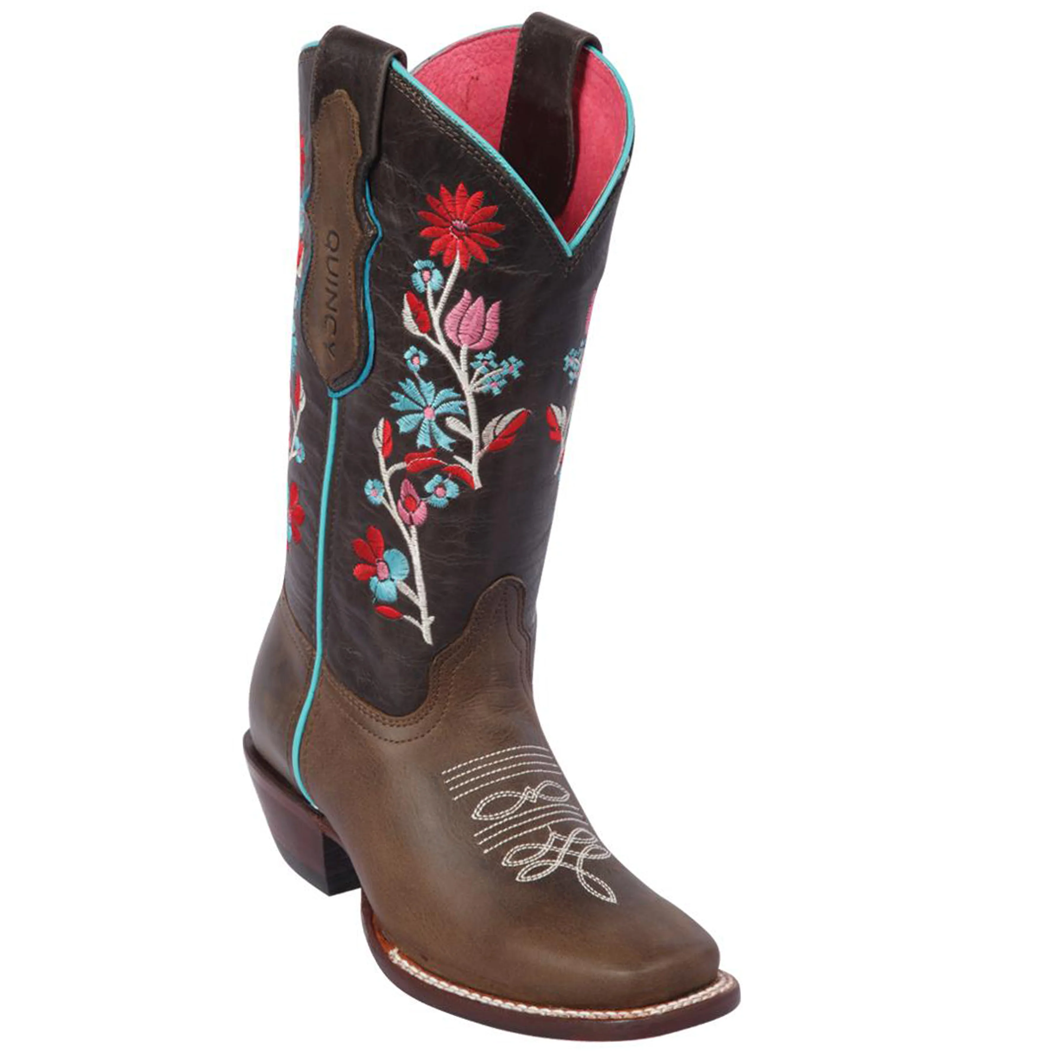 Quincy Cowgirl Boots With Flowers Square Toe