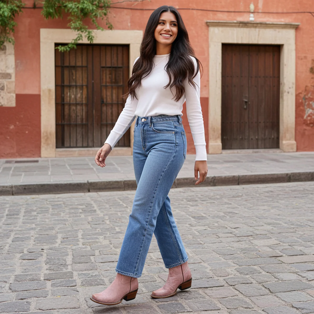 Women's Vintage Pink Cowboy Boots Semi Square Toe