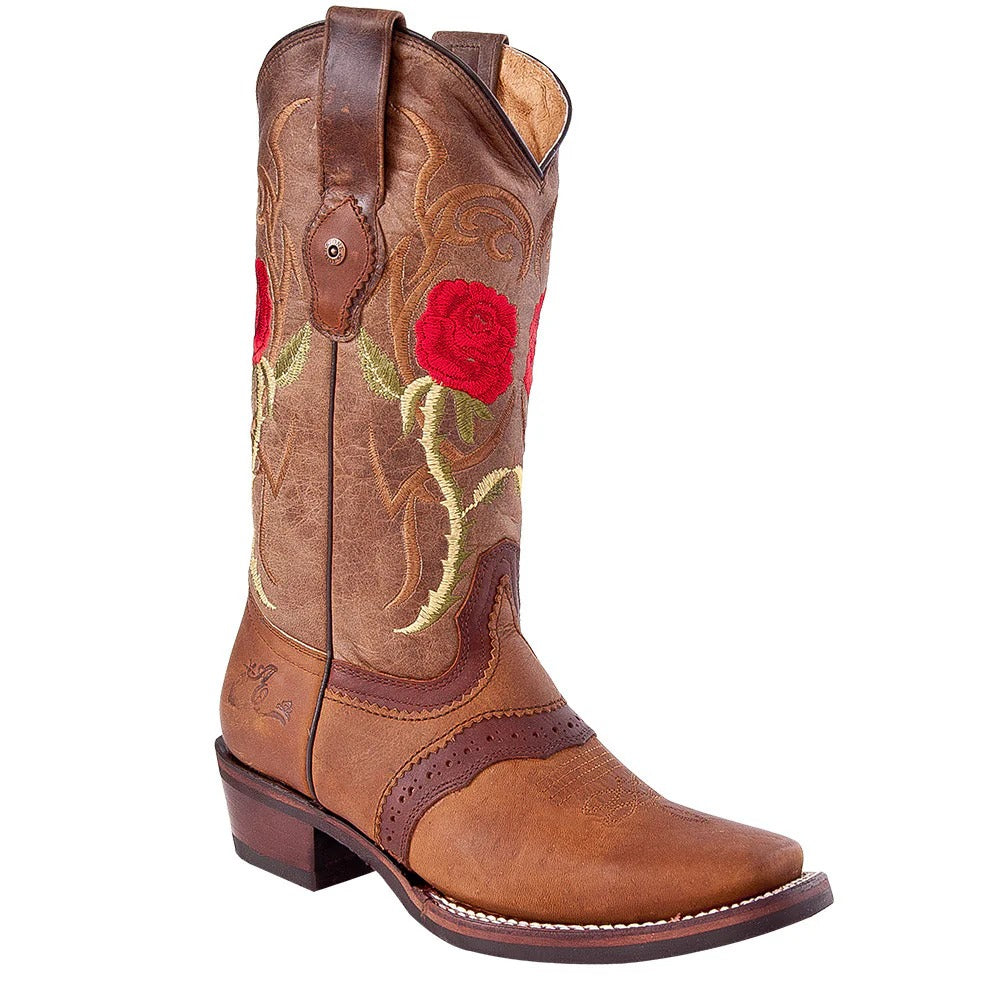 Tombstone Red Rose Embroidered Cowgirl Boots Square Toe