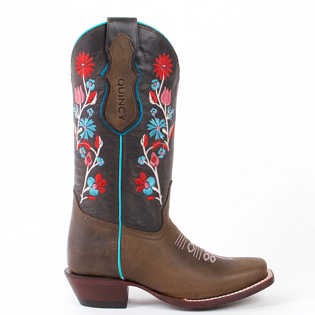 Quincy Cowgirl Boots With Flowers Square Toe