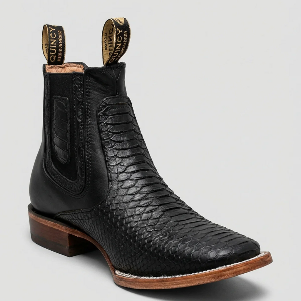Men's Black Python Print Short Cowboy Boots Square Toe