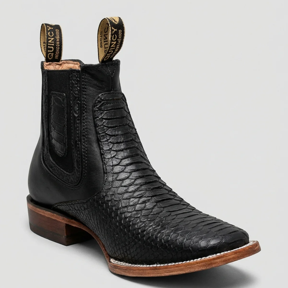 Men's Black Python Print Short Cowboy Boots Square Toe