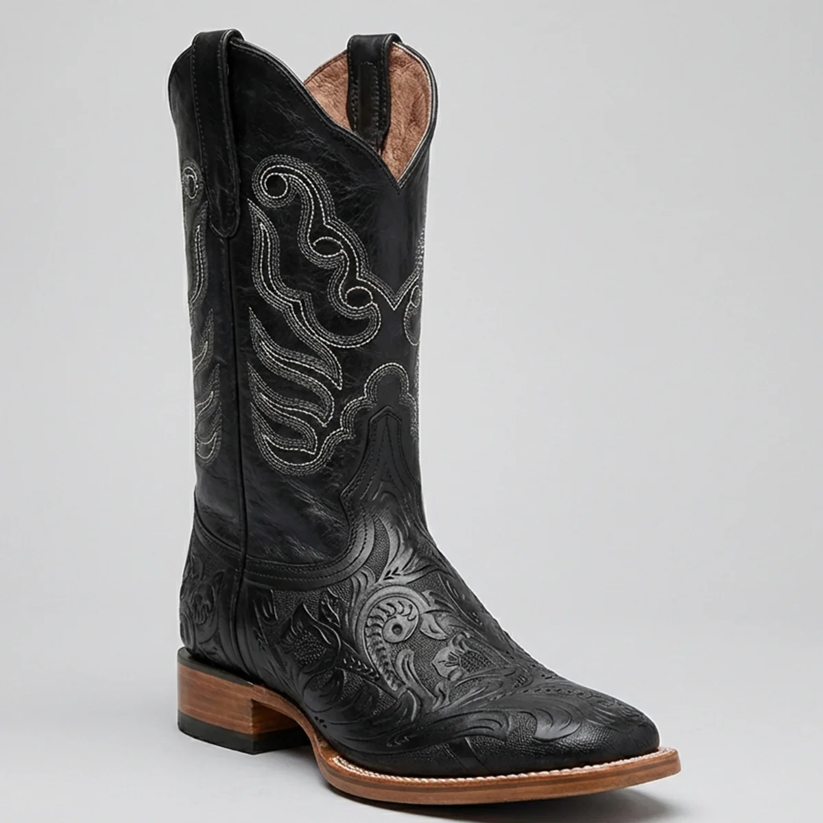 Men's Black Hand-Tooled Western Boots Square Toe