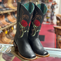 Red Rose Black Cowgirl Boots Square Toe