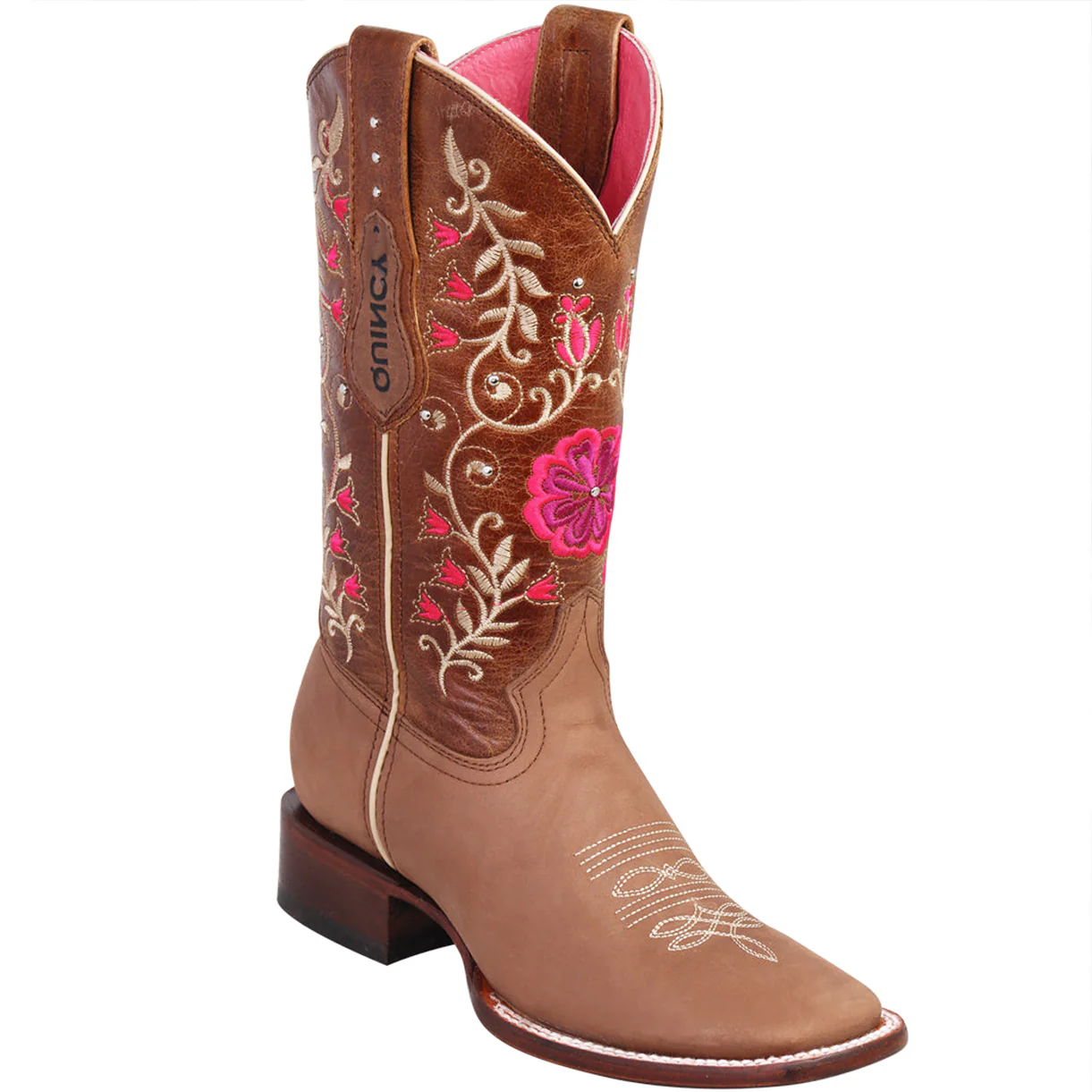 Tan Flowered Cowgirl Boots Square Toe