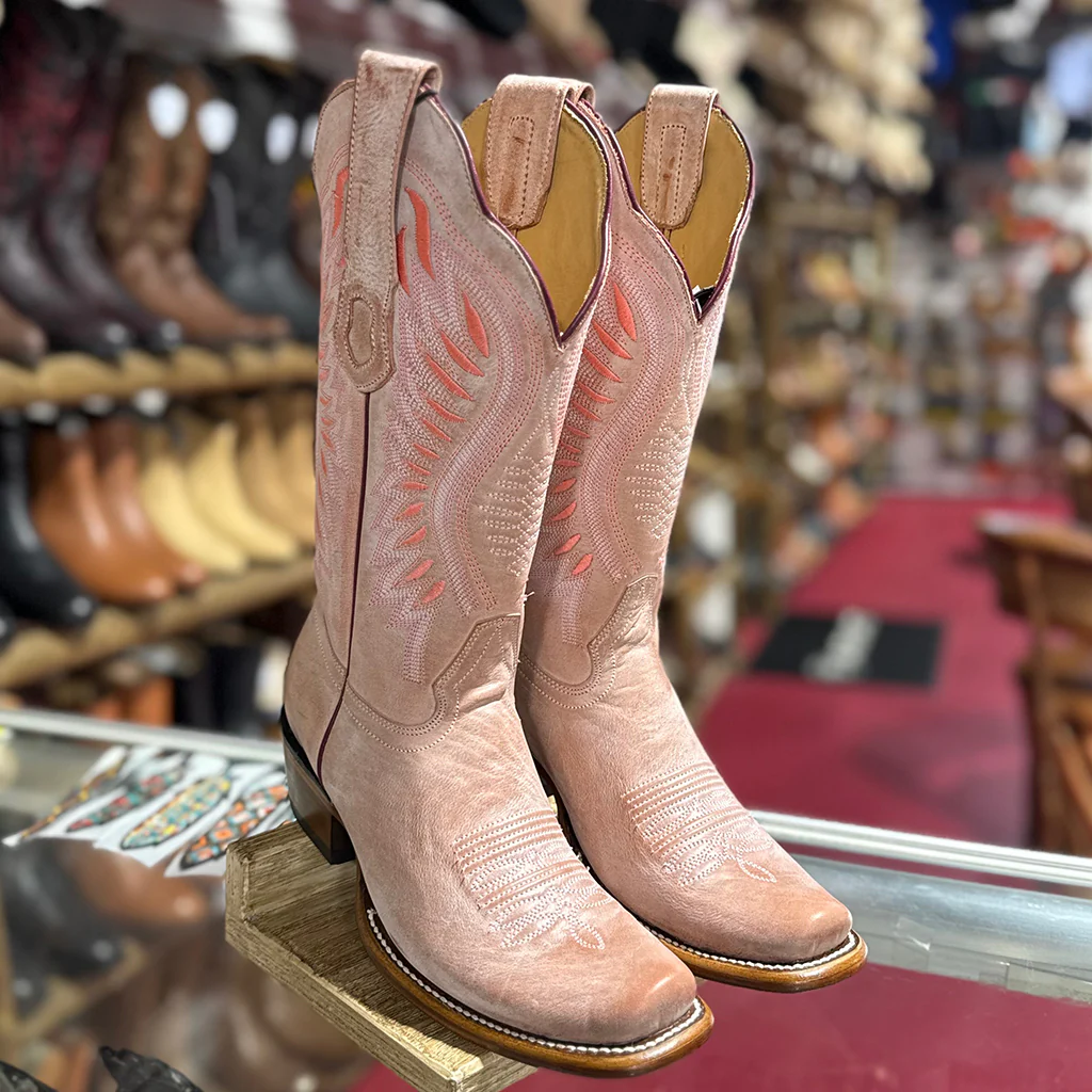 Women's Vintage Pink Cowboy Boots Semi Square Toe