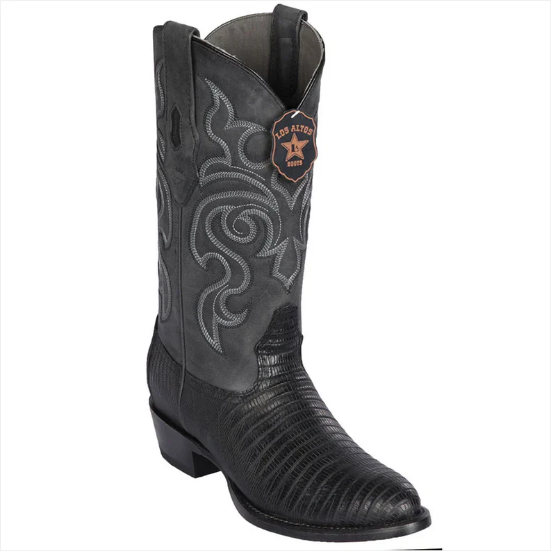 Los Altos Lizard Teju R-Toe Black Cowboy Boots 65G0705