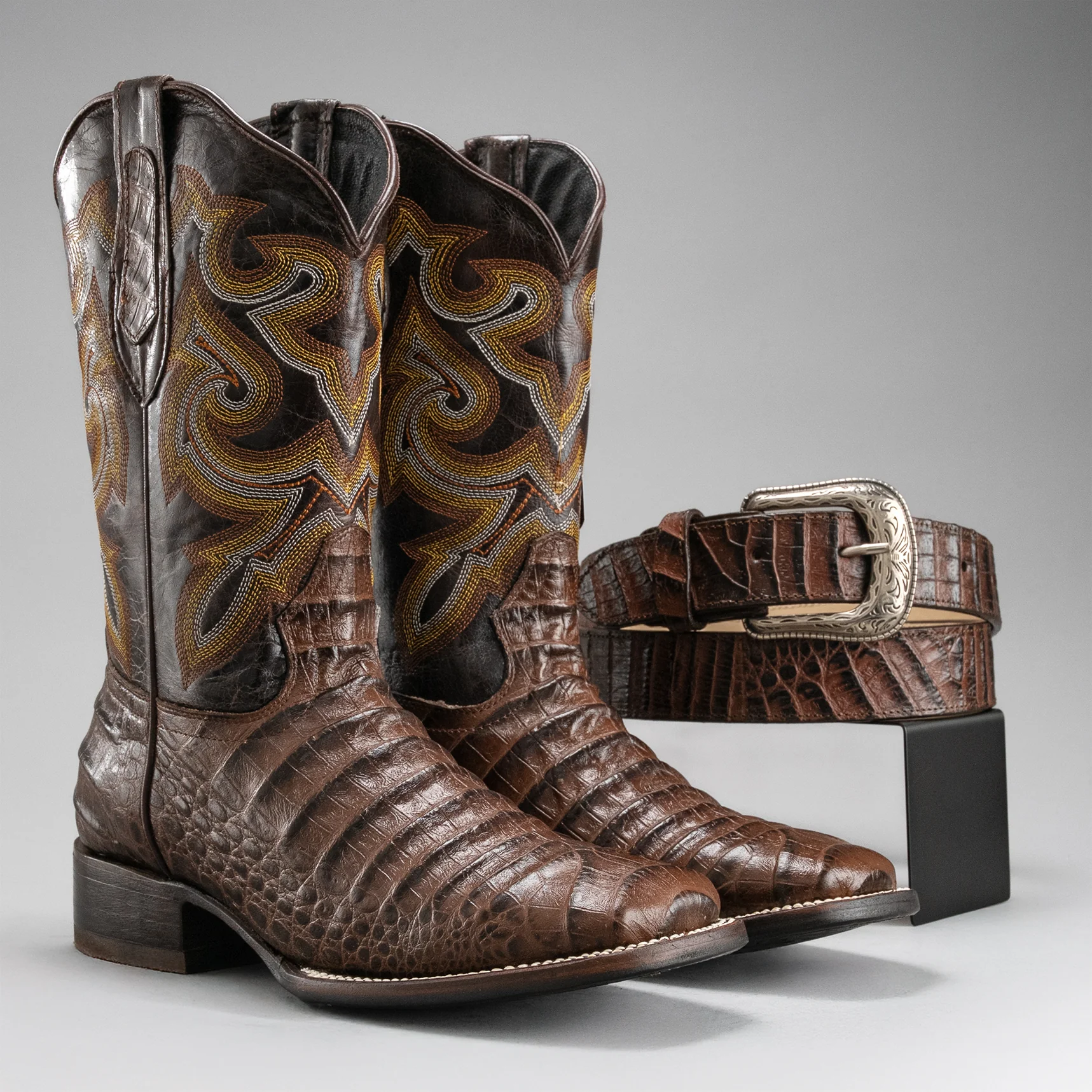 Men's Caiman Square Toe Cowboy Boots and Belt Combo