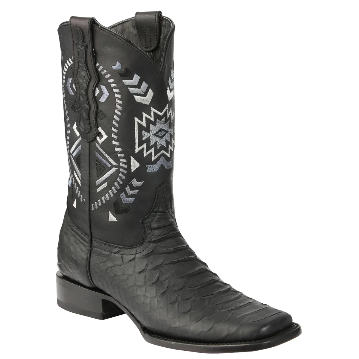 Black Snakeskin Print Square Toe Boots