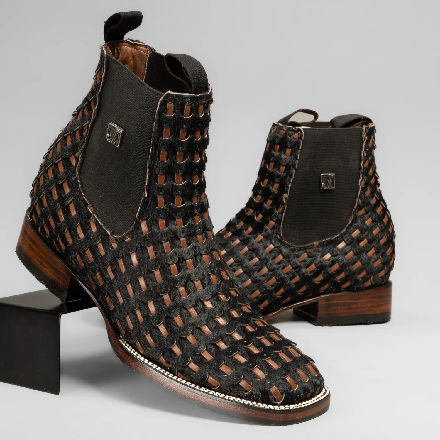 Men's Braided Leather and Hair Tribute Square Toe Ankle Boot