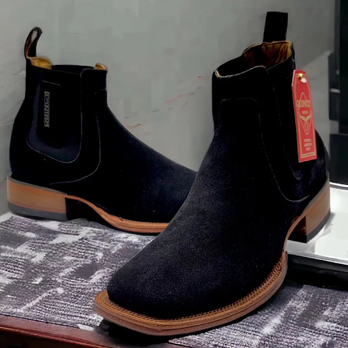 Men's Black Suede Chelsea Western Boots Square Toe
