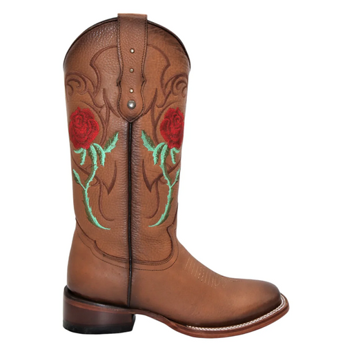 Cowgirl Boots With Red Roses Square Toe