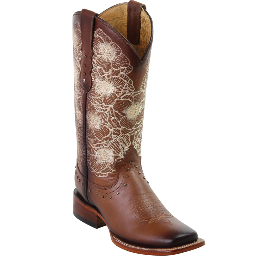 White Flower Embroidered Boots Square Toe