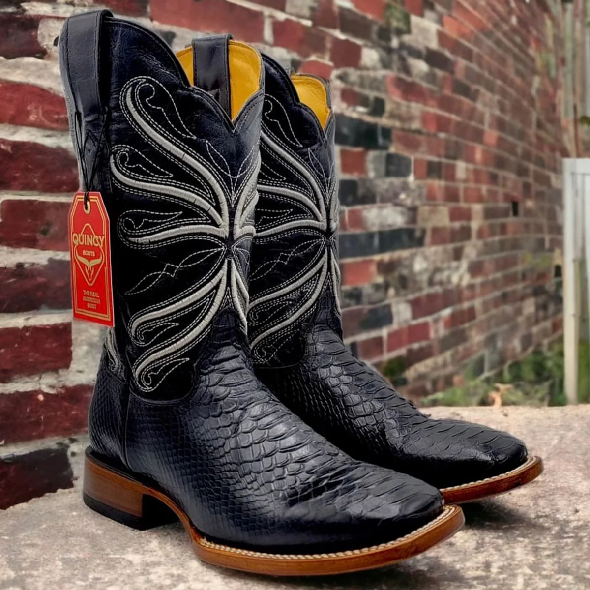 Black Python Cowboy Boots - Print Square Toe